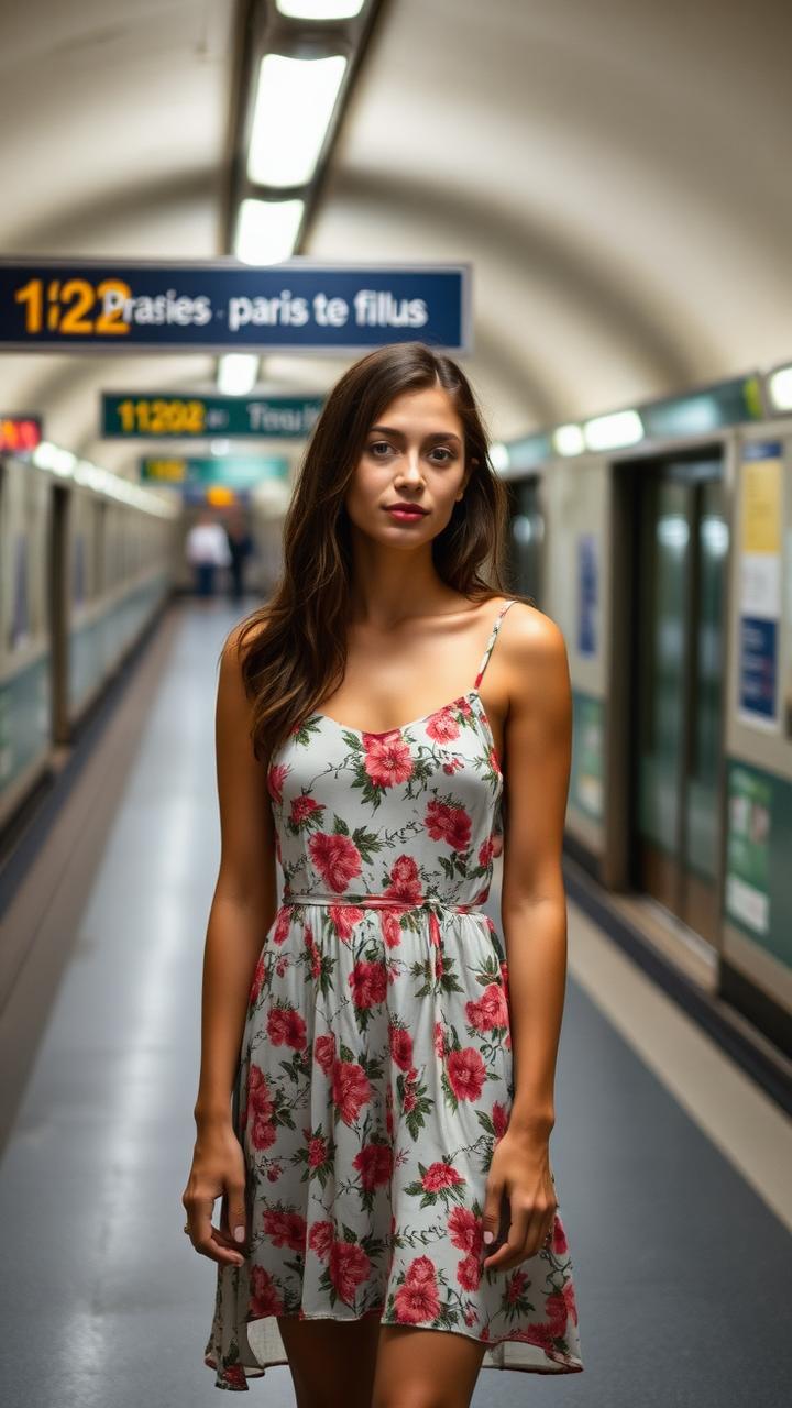 jeune femme en robe fleurie dans le métro