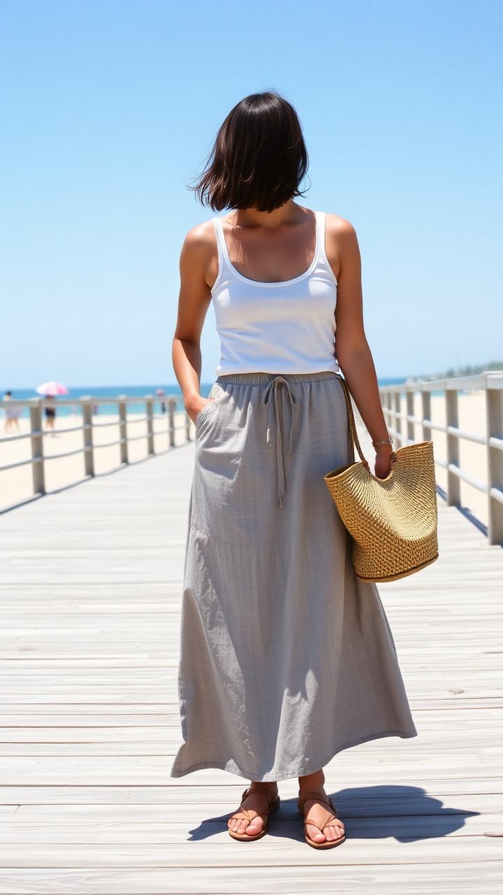 femme en jupe longue sur un ponton en bord de mer